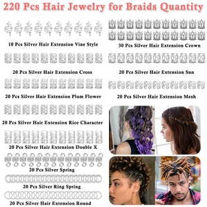 Set de 220 bijoux de cheveux argentés avec styles variés pour tresses et dreadlocks