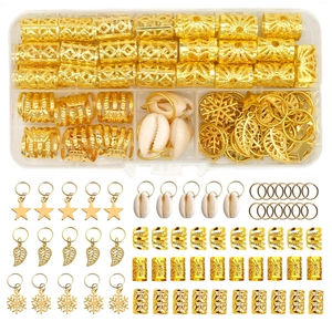 Detail of 102pcs gold braid hair jewelry set with charms in a clear storage box