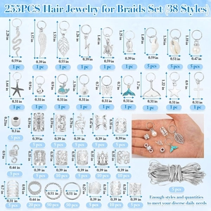Detailed size guide for 255-piece braid accessory set with assorted charms and rings