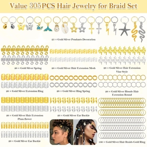 305PCS gold and silver dreadlock hair jewelry set with sea shell charms and butterfly rings