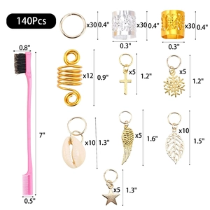 Close-up of 140pcs hair jewelry set with gold silver cuffs and pink edge control brush