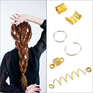 Detailed set of 140 pieces gold metal hair cuffs and pendants for dreadlock styling