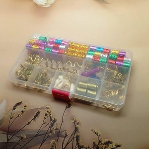 125-piece dreadlock hair jewelry kit with crystals and shells in a clear organizer box