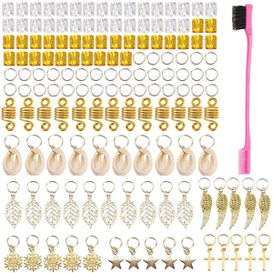 Detailed set of 140 dreadlock hair jewelry pieces with pink styling brush and metal cuffs
