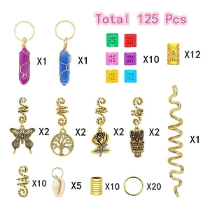 Comprehensive 125-piece dreadlock jewelry set with crystal pendants and metal hair rings