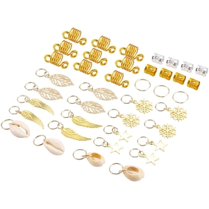 Detailed flat lay of 140 pieces gold and silver dreadlock jewelry charms and hair rings