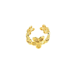 Adjustable golden floral ring with intricate leaf patterns and polished finish for women