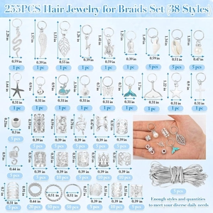 255pcs silver dreadlock accessory set with various alloy charms and hair rings