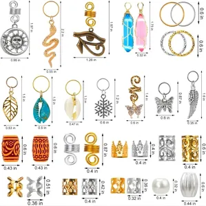 Size chart for 200pcs DIY dreadlock hair jewelry set featuring charms and rings
