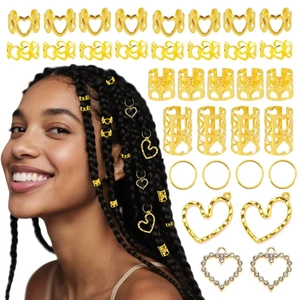 Ensemble de Bijoux de Cheveux Anneaux de Dreadlocks en Cœur Ajouré Alliage de Zinc Strass Clips de Tresse Dorés pour Femmes