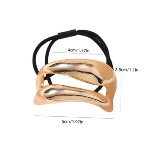 Polished gold geometric hair tie with high-elastic black cord and dimensions info