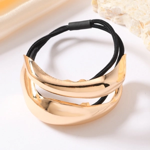 Detail view of double-layered gold geometric metal hair tie with high elastic black rope