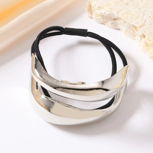 Polished silver geometric metal hair tie with high elastic black rope for low ponytail