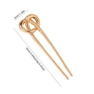Minimalist gold alloy U-shaped hair pin with knotted design and size measurements