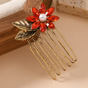 Vintage goldener Blumen-Haarkamm mit roten Kristallen und Perle, elegantes Haarschmuck