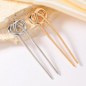 Minimalist knot alloy hair fork pins in gold and silver finish on silk and stone