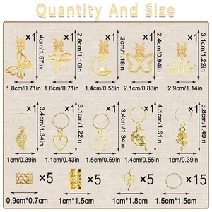 Detailed size chart for 40-piece golden butterfly and star dreadlock jewelry set