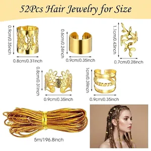 52-piece gold hair jewelry set for dreadlocks with cuffs, leaf charms, and 5m metallic cord