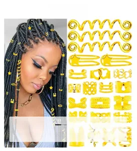 Detail set of gold hair braid rings and spiral accessories for braiding styles