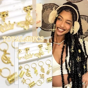 40PCS golden butterfly hair charms set for braids including moon and star pendants
