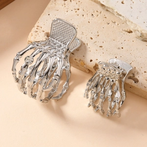 Gothic silver skeleton hand hair claw clips with rhinestones for Halloween styling