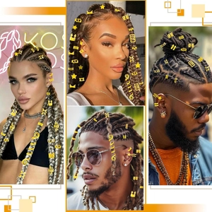 Detail showing various gold alloy braid charms and rings styled on dreadlocks