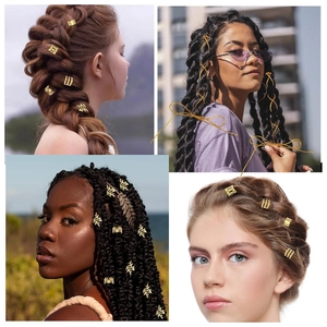 52-piece set of gold metal hair rings for braids featuring leaf and hollow patterns