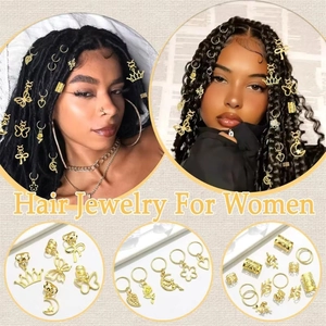 Detailed close-up of golden hair jewelry rings and butterfly pendants for dreadlock braids