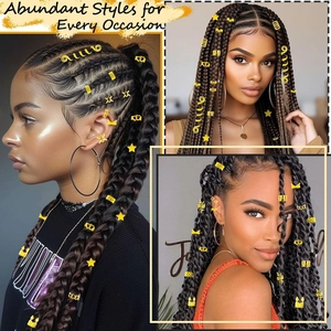 Three models showcase diverse gold dreadlock hair accessories in bohemian braided hairstyles