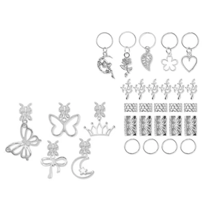 Detailed set of silver hair jewelry rings and charms for braids and dreadlocks