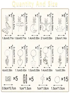 Detailed size chart for butterfly and leaf charms in a 40-piece dreadlock jewelry set
