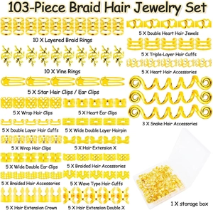 Detailed grid of 103pcs gold dreadlock accessories set with storage case