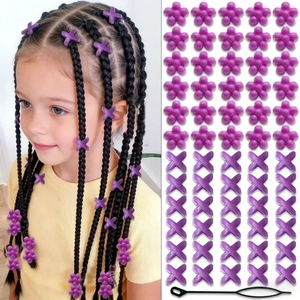 Purple acrylic hair beads kit with flower and X shapes including a black styling tool