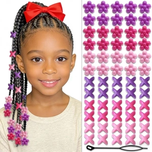 Purple and pink flower acrylic braid beads set for kids hair with threading tool