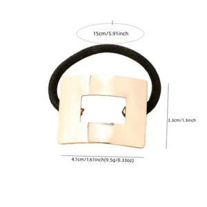 Élastique à cheveux noir minimaliste avec boucle carrée en métal doré poli brillant