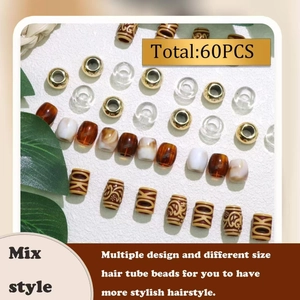 60pcs vintage DIY dreadlock beads set with mixed punk resin and faux wood styles