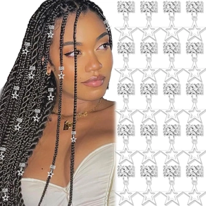 Silver hollow star hair rings for dreadlocks shown on model and in a 30-piece bulk set