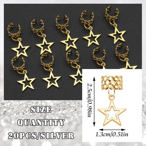 Detail view of 20pcs hollow star hair ring charms with braided texture for hair styling