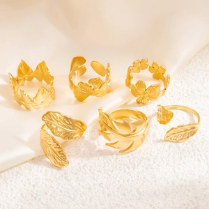 Lot de 6 bagues dorées en acier inoxydable avec motifs de feuilles et fleurs