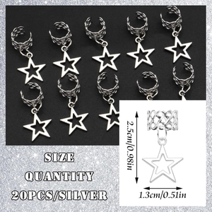 Silver hollow star charms for hair braids featuring size specs and 20pcs set count