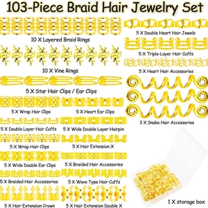 103pcs gold and silver hair braid jewelry set with alloy rings and charms in storage box