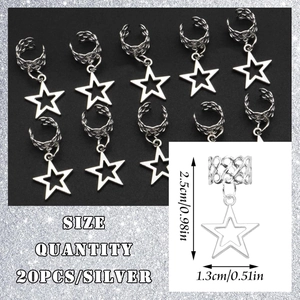 Set of 20 silver hollow star hair rings for braids and dreadlocks in streetwear style