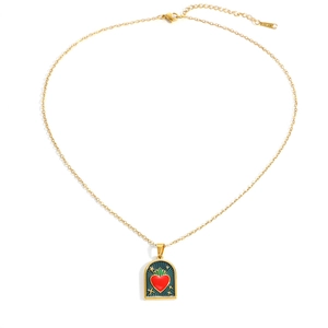 Collana in acciaio inossidabile placcata oro con ciondolo a cuore in smalto verde e stelle