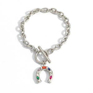 Silver stainless steel chain bracelet with colorful zircon horseshoe and OT buckle