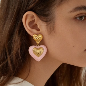 Boucles d'Oreilles Cœur en Acier Inoxydable pour Femmes Plaqué Or 18K Rose Motif Marbre Goutte d'Huile Bijoux Étanche
