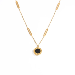 Elegant 18K gold stainless steel necklace with Roman numeral ring and black inlay