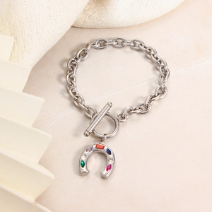 Elegant stainless steel horseshoe bracelet with colorful stones and OT toggle clasp