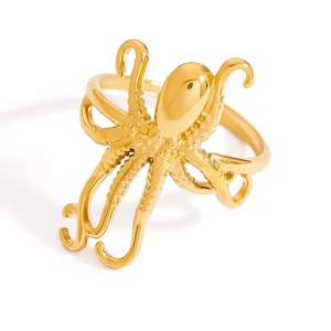 Adjustable octopus ring in 18K gold plated stainless steel on a white background