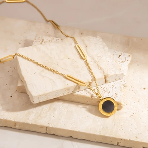 Minimalist 18K gold plated stainless steel necklace with black roman numeral pendant