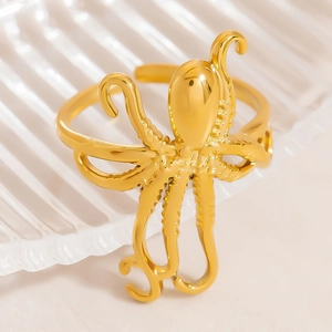 Vintage Stainless Steel 18K Gold Plated Octopus Open Ring For Men Women Adjustable Animal Punk Hip Hop Marine Jewelry